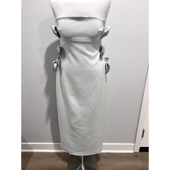 ZARA NEW WOMAN FITTED STRAPLESS MIDI DRESS WITH SATIN BOWS SEA GREEN SIZE LARGE - Picture 7 of 16